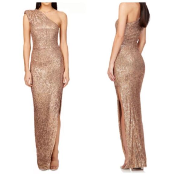 Nookie Revolve Veda One Shoulder Black-Tie Formal Gown LARGE in Caramel Sequins - Picture 1 of 7